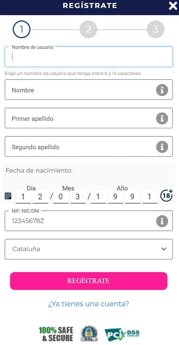 Formulario de registro en Gratogana Casino paso 1: datos personales y usuario