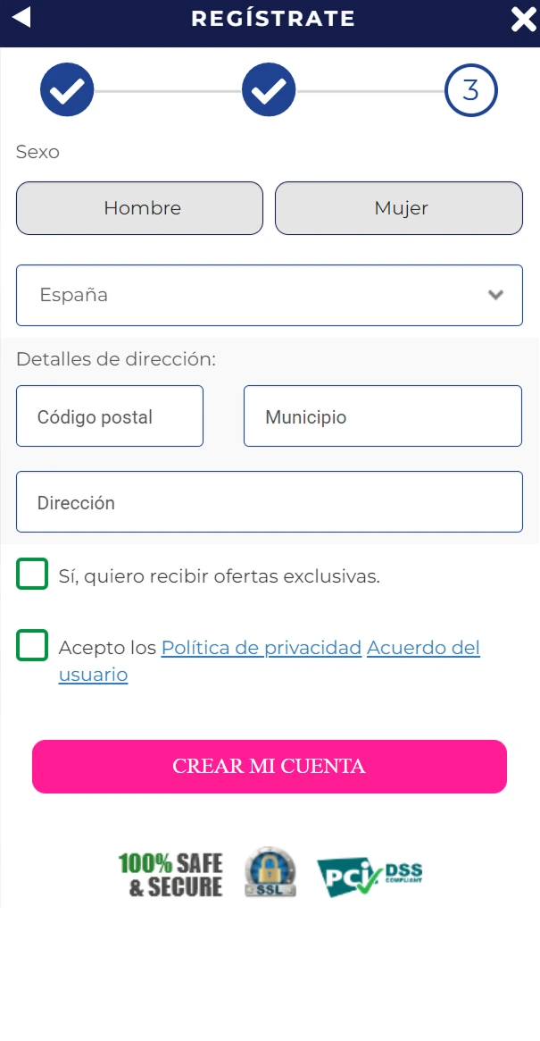 Último paso del registro: dirección, código postal y aceptación de condiciones